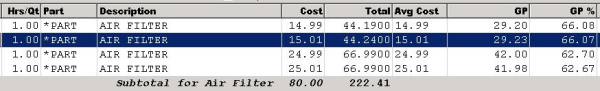 Linear Price Matrix Example